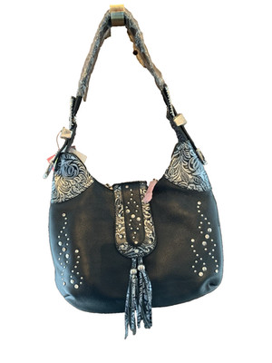 NWT Cheri Bliss Western Shoulder Bag Black Silver Studded Buckle Tassel Women