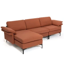 Modern Modular L-shaped Sectional Sofa w/ Chaise Lounge & 2 USB Ports Rust Red