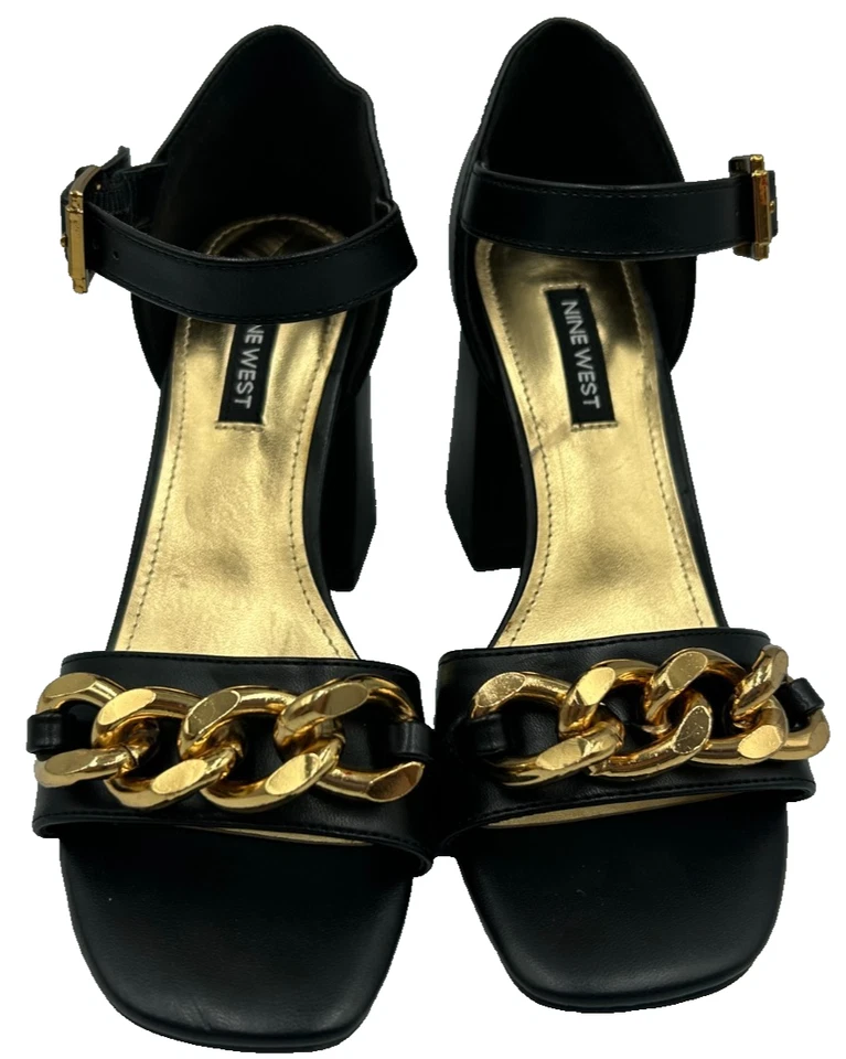 Sandalias de tacón de vestir Jerri con eslabones de cadena para mujer Nine West negras/doradas talla: 6,5 152O Foto 2 de 4