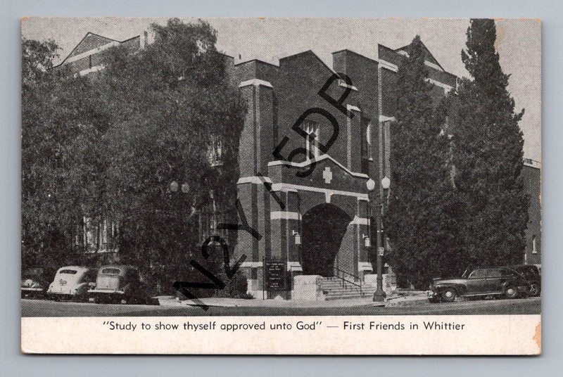 Whittier CA First Friends Church Vintage Postcard 1940s-50s Cars