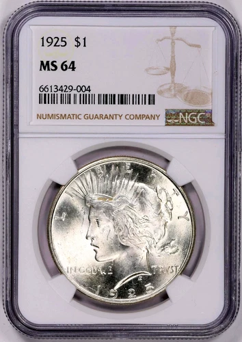 1925 Peace Silver Dollar $1 Coin NGC MS64 Great Luster and Eye Appeal Look