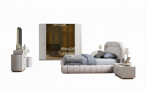 Stilvolles Schlafzimmer-Set Polsterbett 2X Nachttische Schminktisch-image