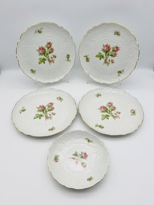 Lindner Porzellan Moosrose   4 Kuchenteller + Schale   Porzellan W. Germany