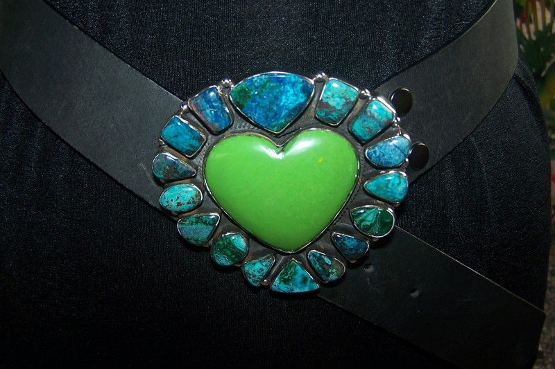 OOAK Southwestern Silver Green Turquoise & Chrysocolla Heart Cluster Belt Buckle