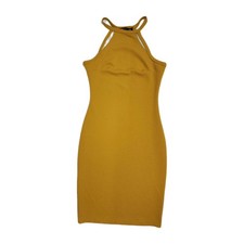 S Waffled Solid Mustard Yellow Halter Strappy Sleeveless Bodycon Sexy