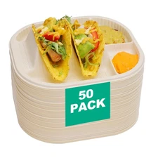 50-Pack Disposable Taco Plates with Room for Sides - Biodegradable Cornstarch...