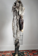 GENUINE NATURAL SILVER FOX FUR 8 FOOT LONG STOLE SCARF WRAP w/ ATTACHED TAILS