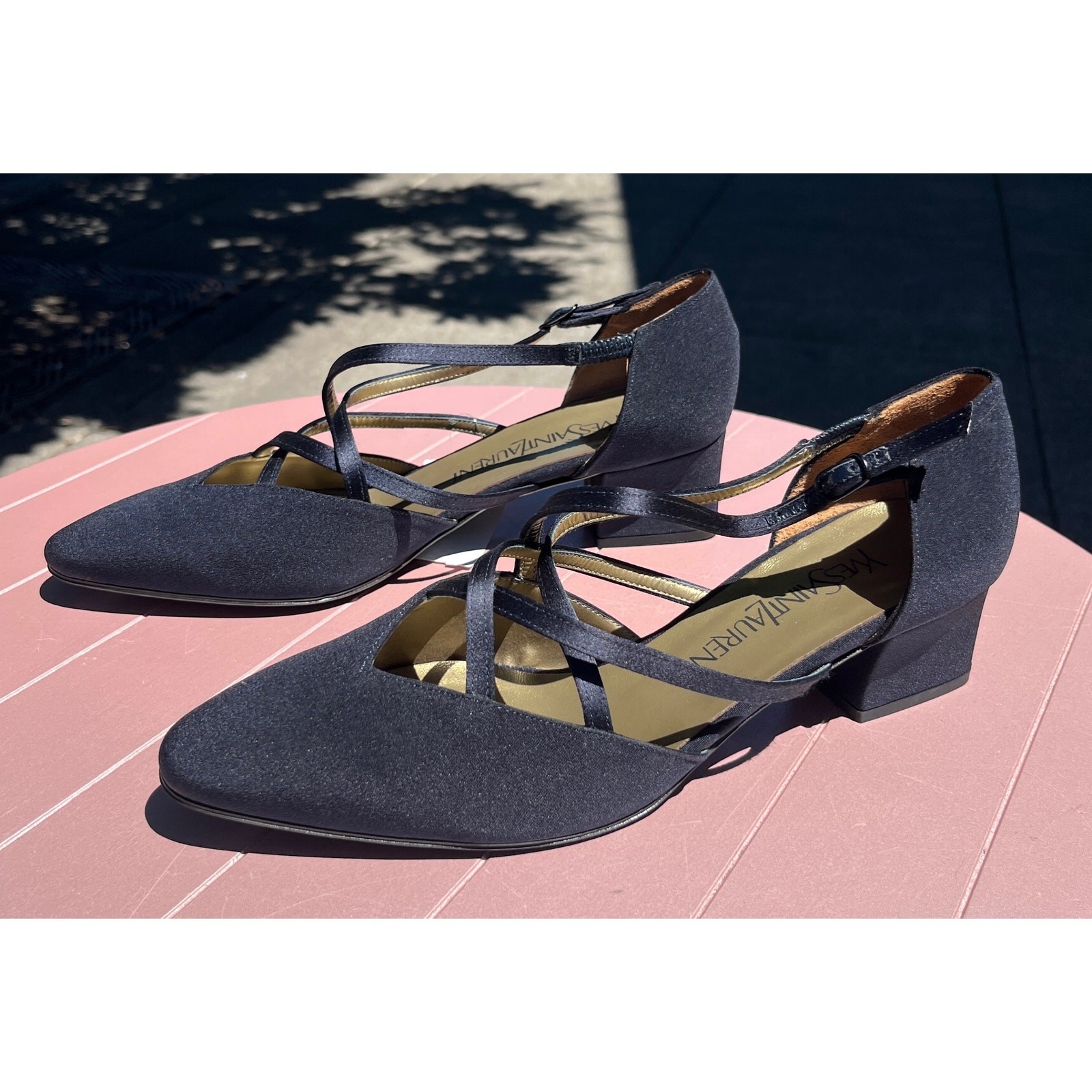 YVES SAINT LAURENT sandali con cinturino in tela blu navy tacco retrò vintage NUOVI! Tg. 7 1 2