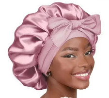 Pink Satin Adjustable Hair Bonnet Sleep Cap w/ Bow Shape Long Ties Women