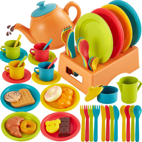 Aoleva KinderküChe ZubehöR Teeservice Kinder, 44PCS Puppengeschirr SpielküChe Zu-image