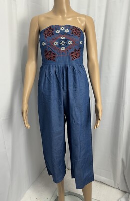 NWT Parc & Lex XS Chambray Denim Jumpsuit Strapless Floral Boho Blue Cotton