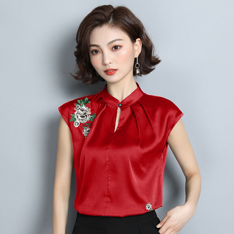 Lady Faux Silk Satin Blouse Tops Shirt Embroidery Floral Casual