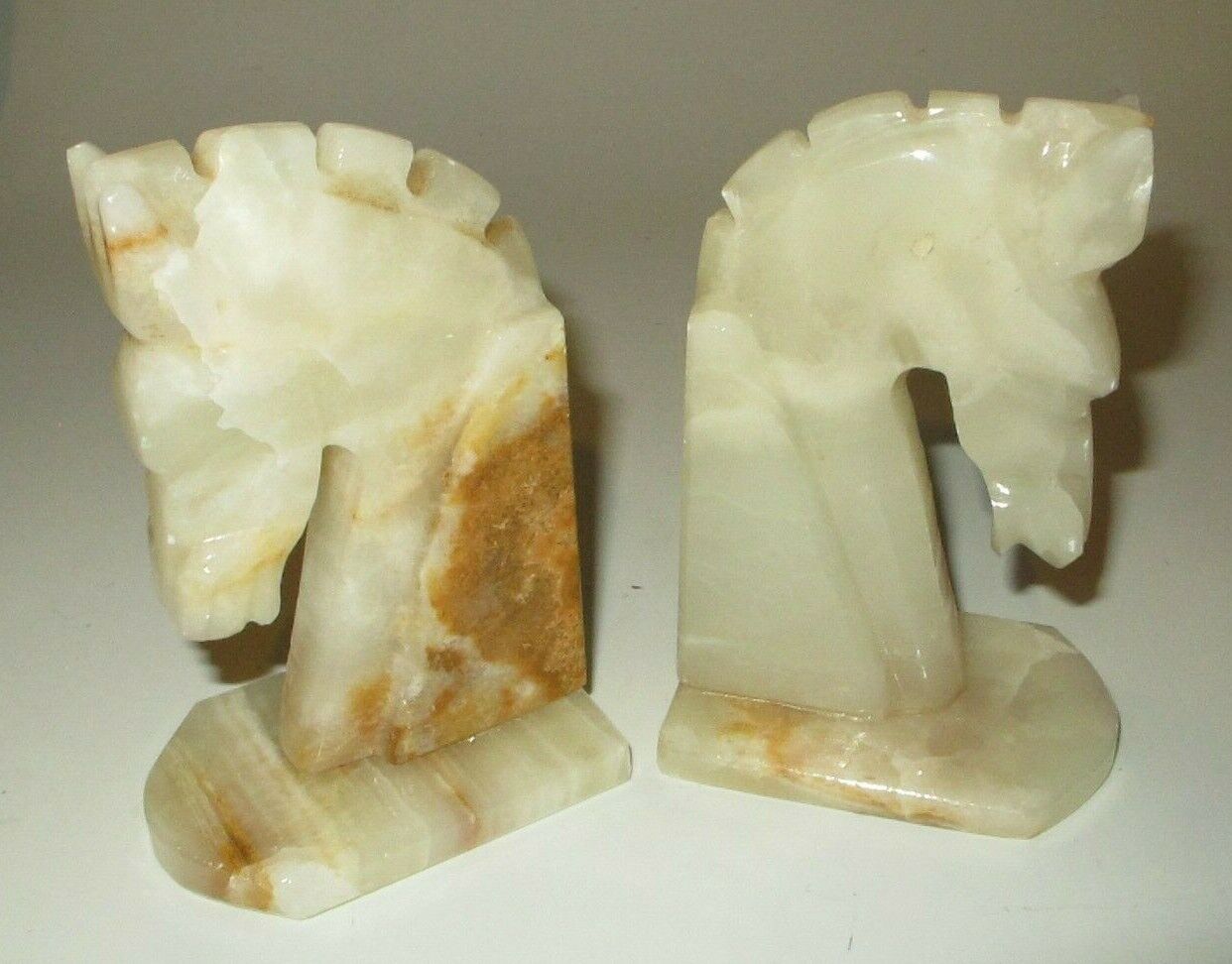 Vintage Mexico Horses White Onyx Hand Carved Bookend Pair 6" Mid Century