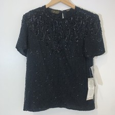 Mark  John by Sam Womens Blouse Medium Black Silk Beaded Sequins Short Sleeve