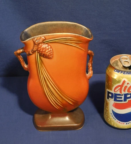 Vtg Roseville Pottery Vase Double Handle Brown Pinecone 121-7 Twig 7-3/8" Tall