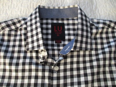 Linea Uomo Button Up Shirt Men Size XL Black & White Checked Long Sleeve Stretch