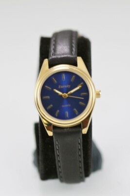 Eternity Armbanduhr Damen Gold Edelstahl Leder Schwarz WR Blue Quarz Batterie