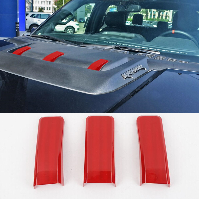 Red ABS Hood Scoop Air Vent Cover Trim Bezel 3PCS For Ford F150 Raptor