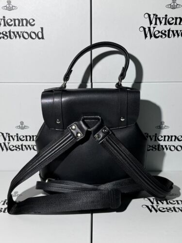 Vivienne Westwood Backpack Black Leather Small Drawstring Orb Metal Logo - Picture 2 of 6