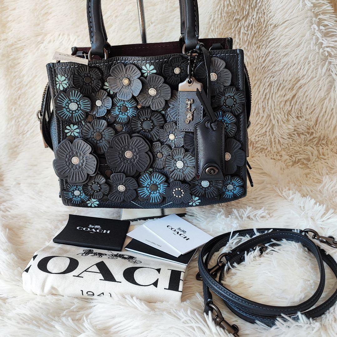 COACH Rogue 25 with Tea Rose Applique Midnight Navy Shoulder Bag Good  Condition