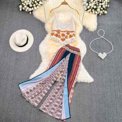 Lady Seaside Suit Tassel Camisole Two-piece High waist Slim Split Wide Leg Pants