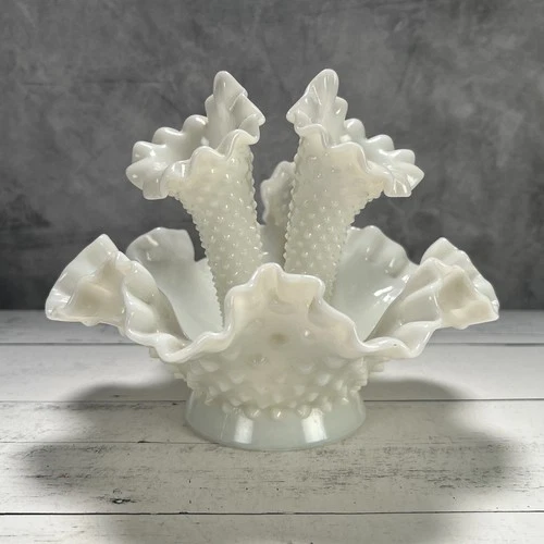 Vintage Fenton White Hobnail Milk Glass Epergne 3 Horn Vase Ruffled Bowl Repair