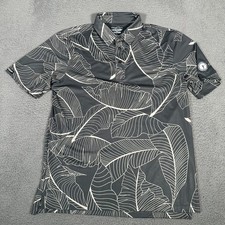 Straight Down Polo Shirt Mens Large Gray Leaf AOP Golf Performance Tropical Logo