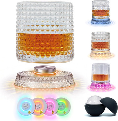 Spinning Whiskey Glass with Ambient Lighting Set, 360 Degree Rotating Crystal Tu