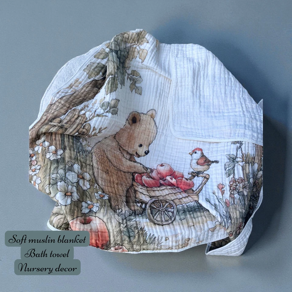 Manta de bebé de muselina de 6 capas con estampado de oso/envoltura de algodón suave/vivero de bosque Foto 2 de 4