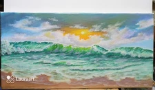 Art, 10"/20" Original Oil Painting, Stretched Canvas, Sunset, Surf, Seascape 