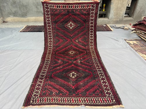 3.9x7.7 ft Afghan Baluchi Rug – Low Pile Distressed Tribal Hand Knotted Carpet