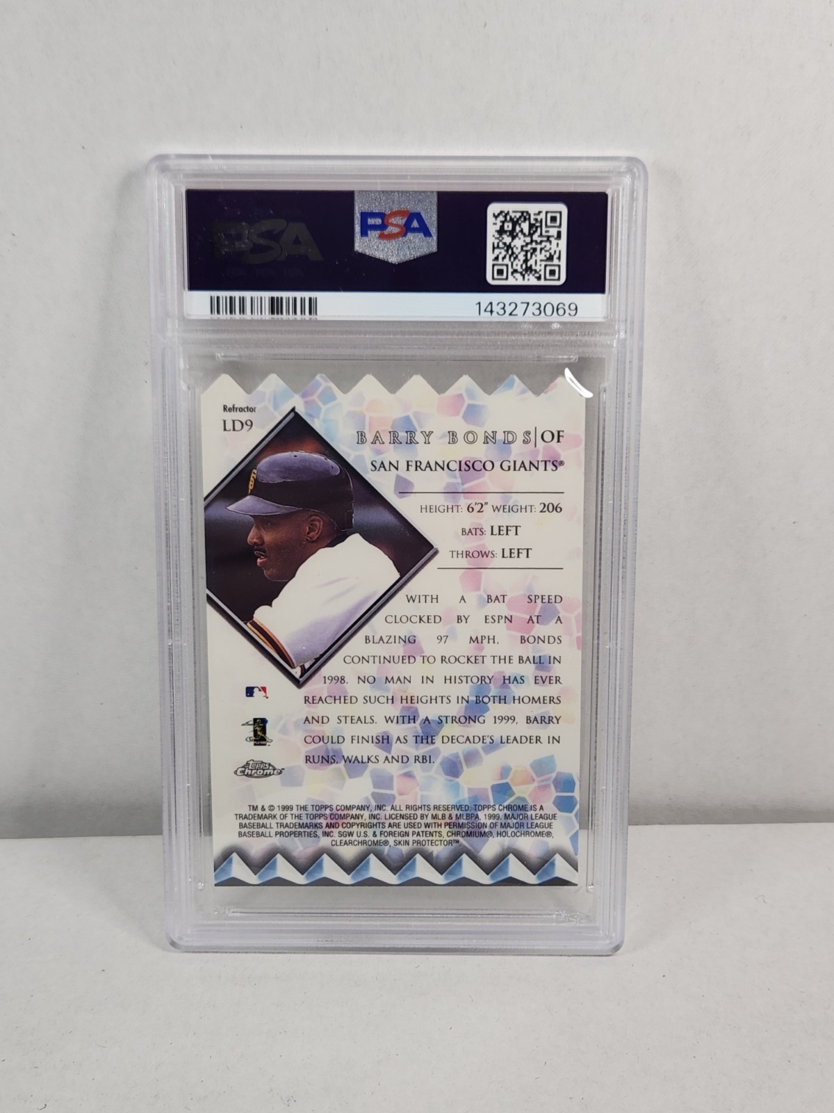 1999 Topps Chrome Lords of the Diamond #LD9 Barry Bonds Refractor PSA Mint 9 view 4