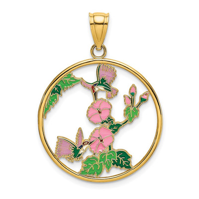 14k Gelbgold Emaille Kolibris und Blumen im Kreis Charm Anhänger