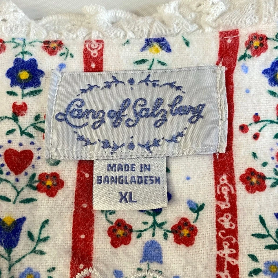 Camisón largo de franela Lanz of Sazburg blanco rojo ojales corazones XL Cottagecore Foto 3 de 4