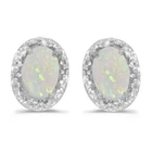 10k White Gold Oval Opal And Diamond Earrings