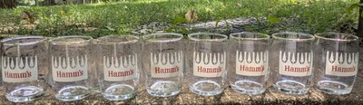 Set Of 8 Hamm's Beer Barrel Glasses Pine Trees. Gold Rims. Vintage