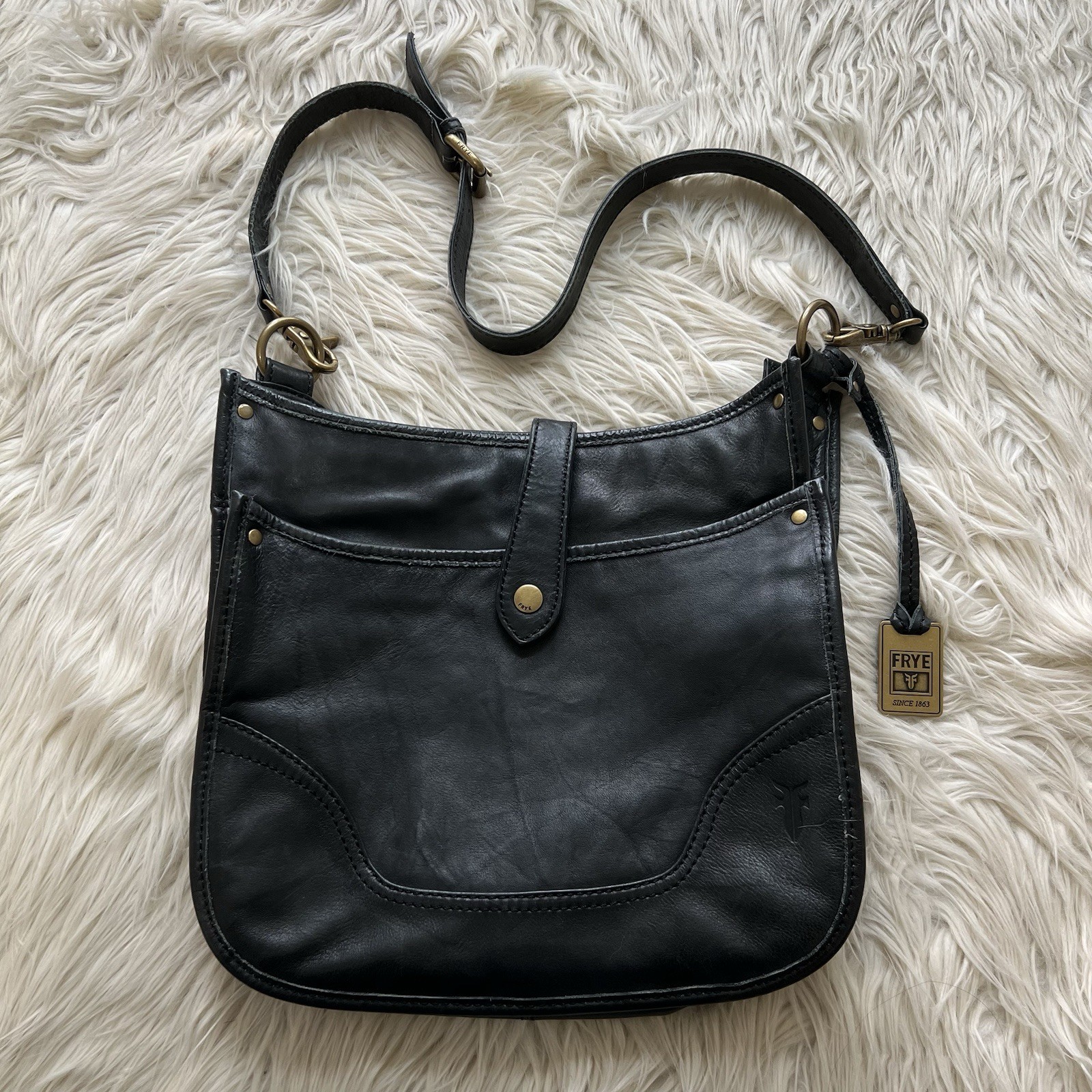Frye Cognac Black Soft Leather Campus Crossbody Bag Boho Western Madison 12x11