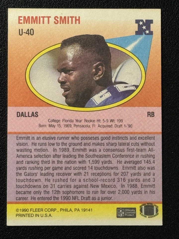 1990 Fleer Update Football - Emmitt Smith #U-40 (RC) - Image 2 of 2
