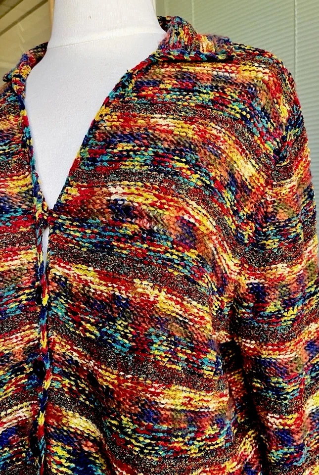 Vintage 90s Funky Rainbow Hand Knit Multicolor Cardigan Sweater Boho Cottagecore - Image 3 of 4
