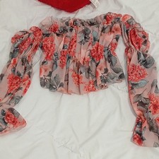Chiffon Bluse S schulterfrei bauchfrei Blumen...