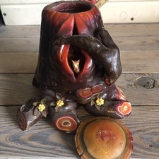 Vtg Wax Sculpted Candle Tree Stump With Owl & Foliage Kitschy Cabin Hippie