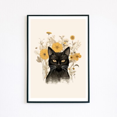 Vintage schwarze Katze Illustration botanische Blumen 7x5 Wohndeko Wandkunstdruck 