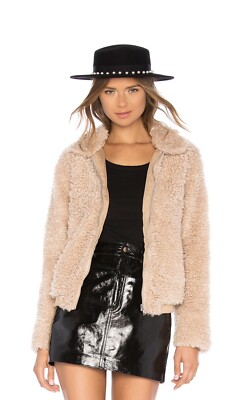Endless Rose Teddy Bear Fleece Bomber Jacket in Beige Size