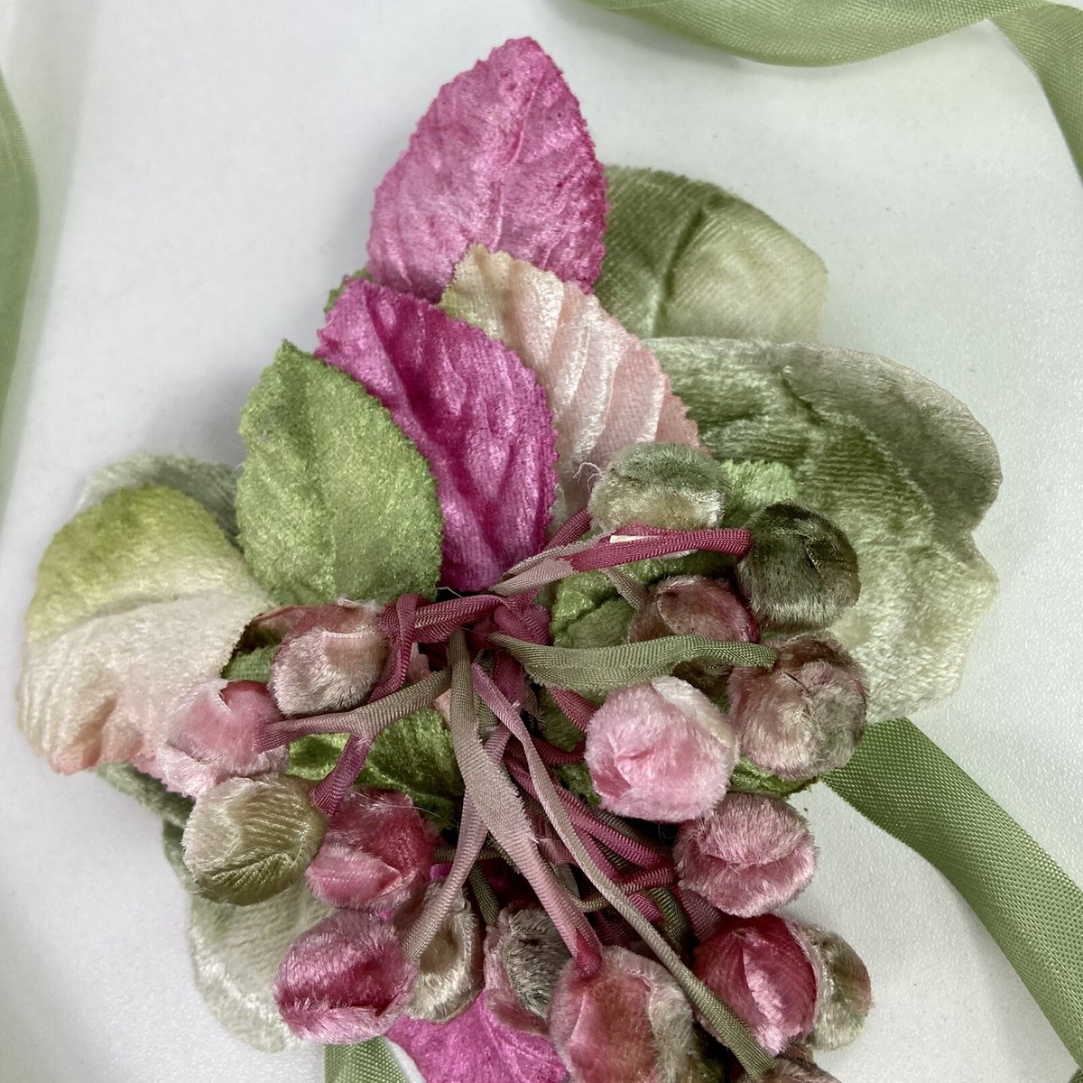 Vtg Louise Green Velvet Leafy Floral Headpiece w/ Ribbon Buds Whimsy Pink Green Vtg Louise Green Velvet Leafy Floral Headpiece w/ Ribbon  main image 2