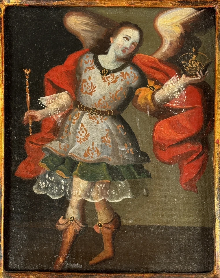Antique Cuzco Spanish Colonial Angel St. Michael Oil Painting Archangel Saint #3 - Image 2 of 4