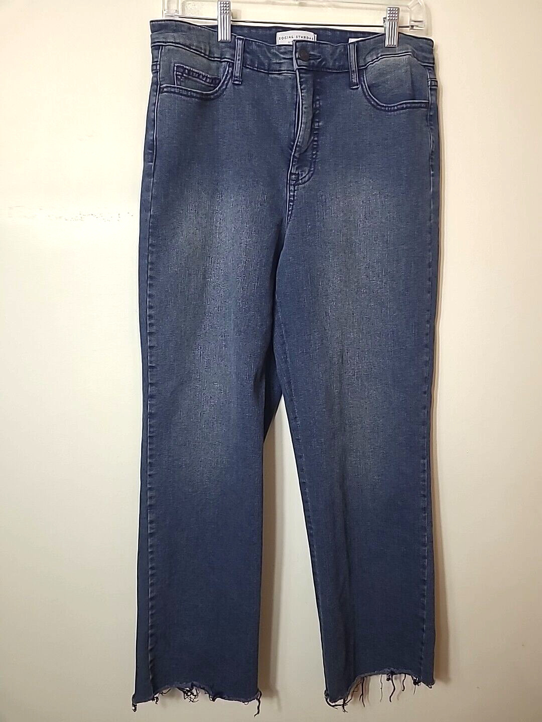 Womens High Rise Crop Jeans Straight Medium Dark Wash Distressed Raw Hem Size 12