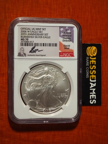 2006 W BURNISHED SILVER EAGLE NGC MS70 MOTL SIGNED FROM 20TH ANNIVERSARY SET