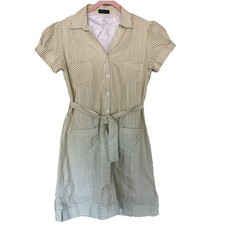VTG Striped Shirt Dress With Belt And Pockets Green  White Puff Sleeve Sz M