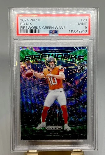 2024 Panini Prizm Bo Nix #23 Fireworks Green Wave Rookie RC Broncos PSA 9 MINT