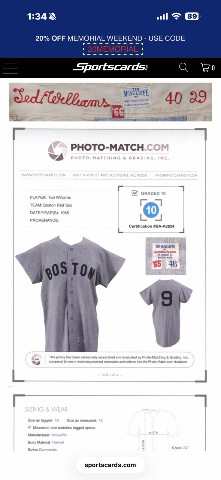 Ted Williams Boston Red Sox 1965-66 Game Used Jersey Swatch Trading Card view 5